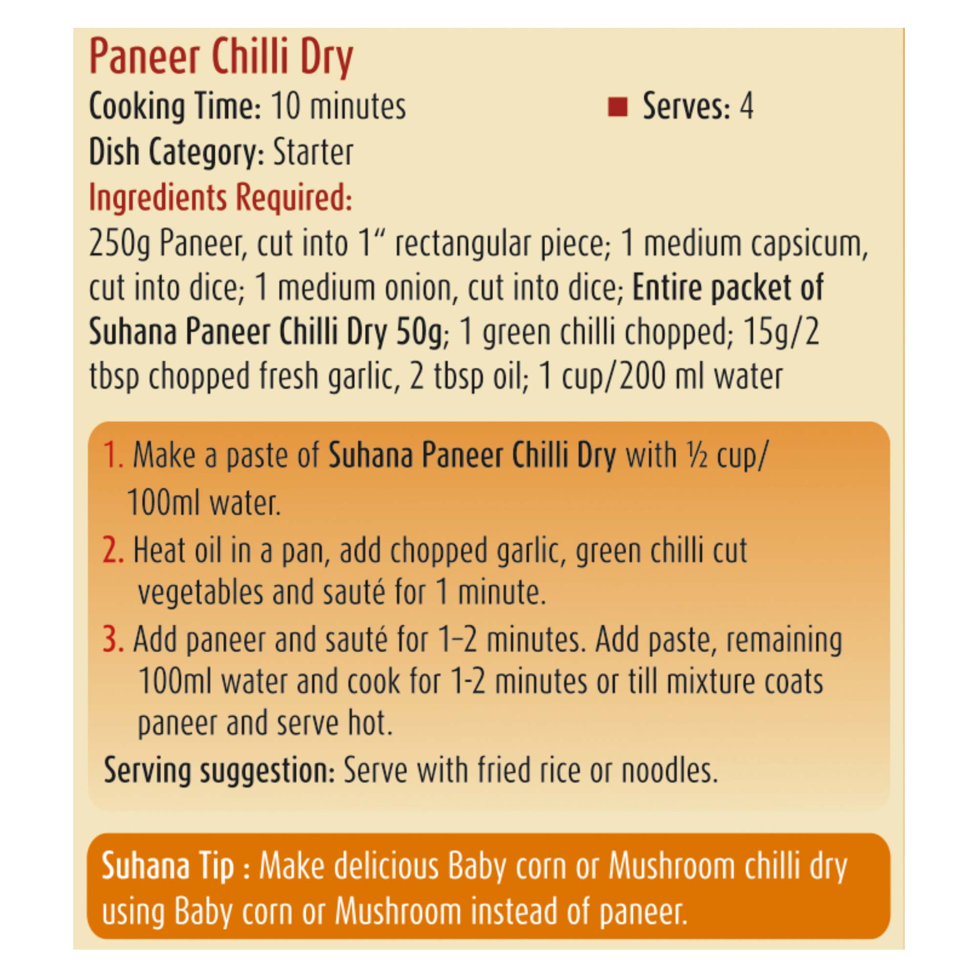 Suhana Ready-to-cook Paneer Chilli (Dry) Mix Pouch